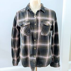 Passport Brown and Pink Plaid Flannel Button Up Top